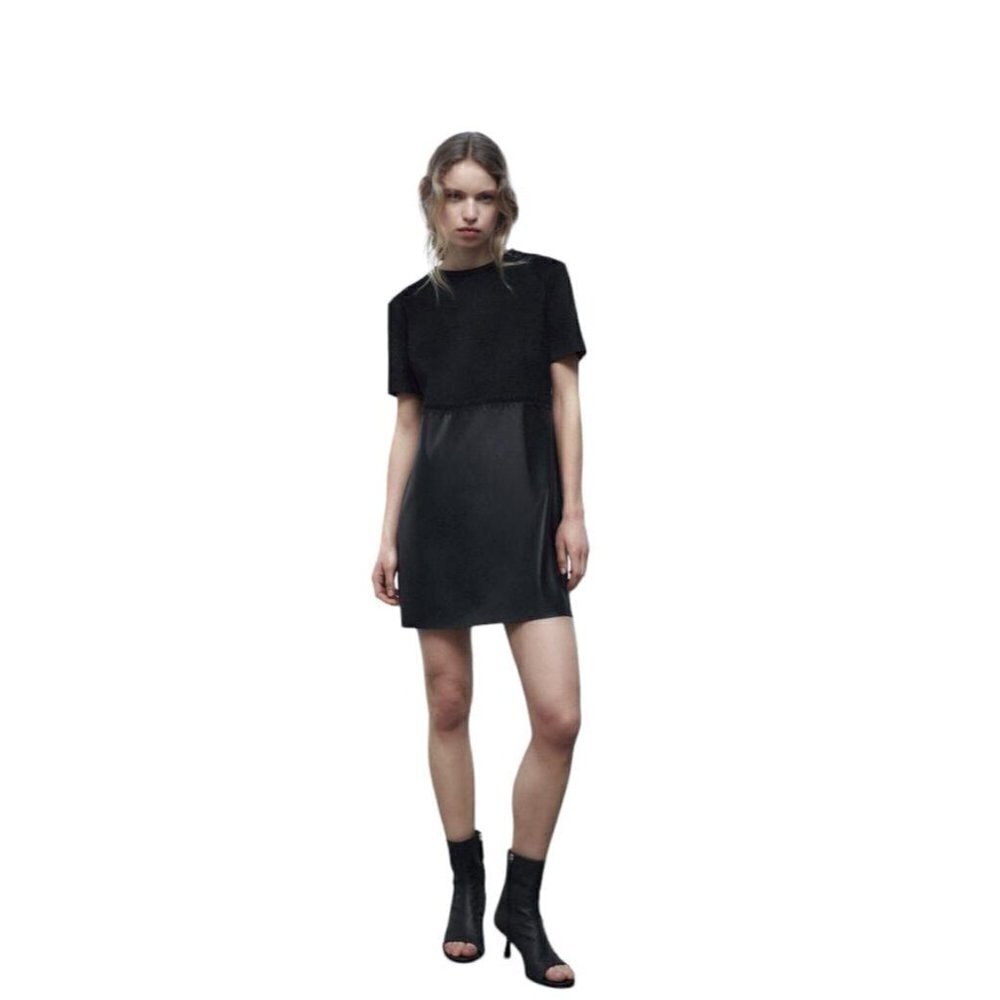 ZARA DRESS WITH CONTRAST FAUX LEATHER BLACK SIZE S 5070/157/800